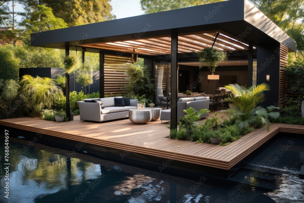 Poster Modern Patio Setting With Couch and Table Next to Pool Generative AI