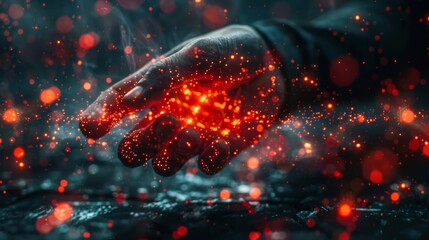 Observing the intricate movements of a hacker's fingers as they strive to penetrate the defenses of a blockchain system, while a robust firewall resists and neutralizes the attack.