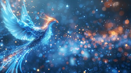 Create a visual representation of a phoenix rising from a circuit board amid a glowing aura of data particles and dazzling light. This bird symbolizes a rejuvenation in the realm of technology. - obrazy, fototapety, plakaty