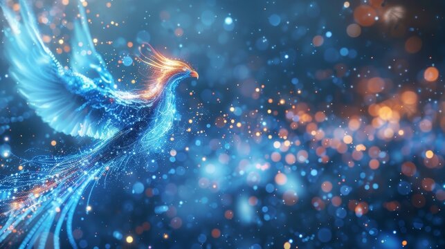 Create a visual representation of a phoenix rising from a circuit board amid a glowing aura of data particles and dazzling light. This bird symbolizes a rejuvenation in the realm of technology.