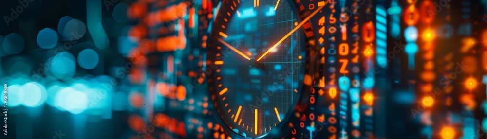 Poster the intertwining of a clock face and a stock market graph highlights the importance of timing within