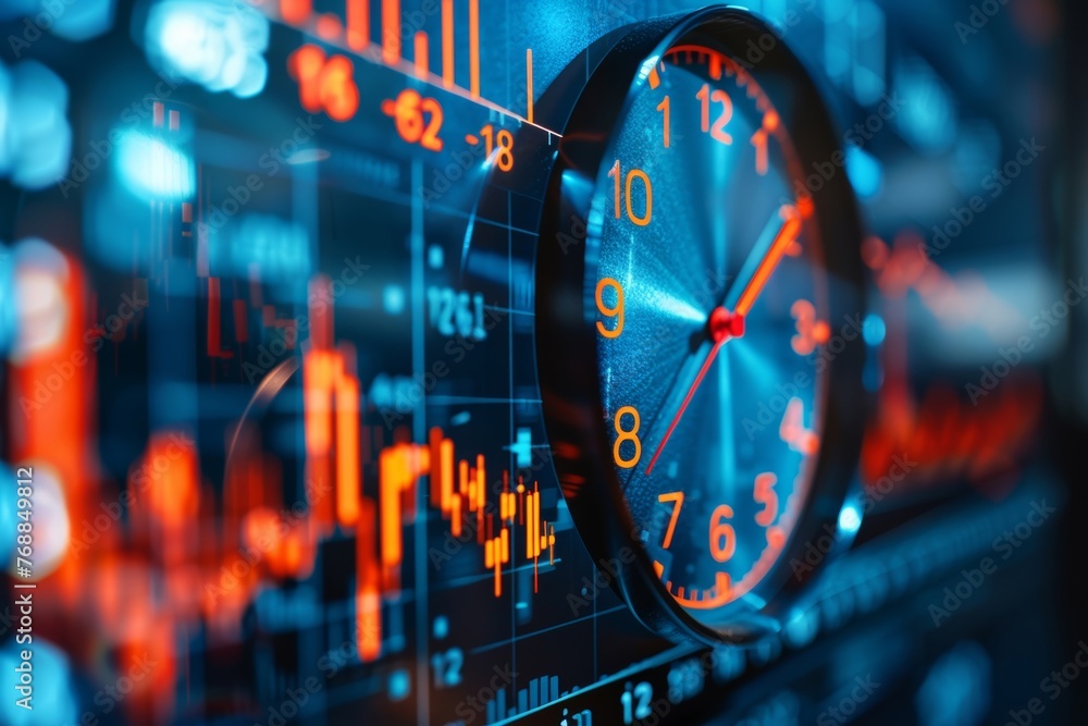 Poster the intertwining of a clock face and a stock market graph highlights the importance of timing within