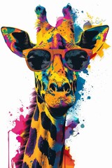 A playful and vibrant giraffe cartoon wearing trendy sunglasses against a clean white backdrop, brought to life through the power of artificial intelligence.