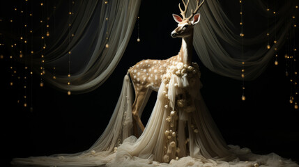 A deer is dressed in a white gown and standing in front of a curtain. The image has a whimsical and playful mood, as the deer is not a real animal but rather a costume