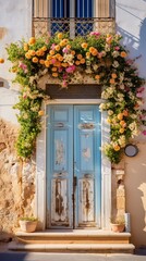 Fototapeta na wymiar Blue door with flowers