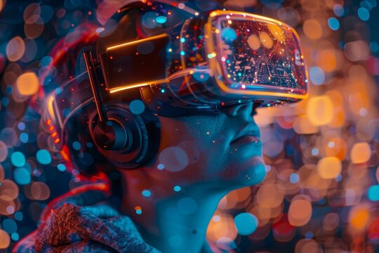 A youthful male adjusting his virtual reality glasses while exploring a cutting-edge cyber environment - The idea of virtual reality, advancement, and fresh tech concepts.