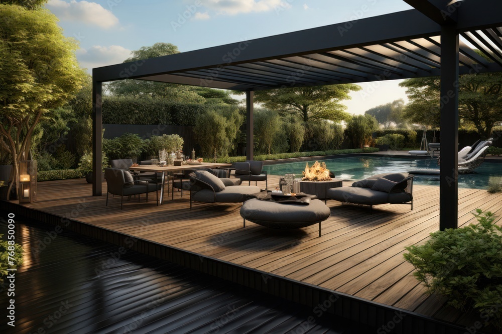 Aufkleber modern deck setup with couch table chairs and fire pit generative ai