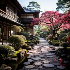 Japanese garden with a traditional house and a beautiful pink flowering tree
