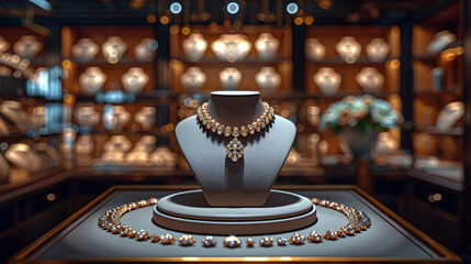 Opulent necklace and earrings set on a mannequin bust in a high-end jewelry store display, exuding sophistication and luxury