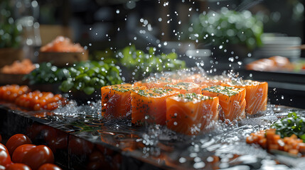 Seasoned salmon fillets with a splash of water and fresh herbs, ready for cooking, captured in a vibrant kitchen environment - obrazy, fototapety, plakaty