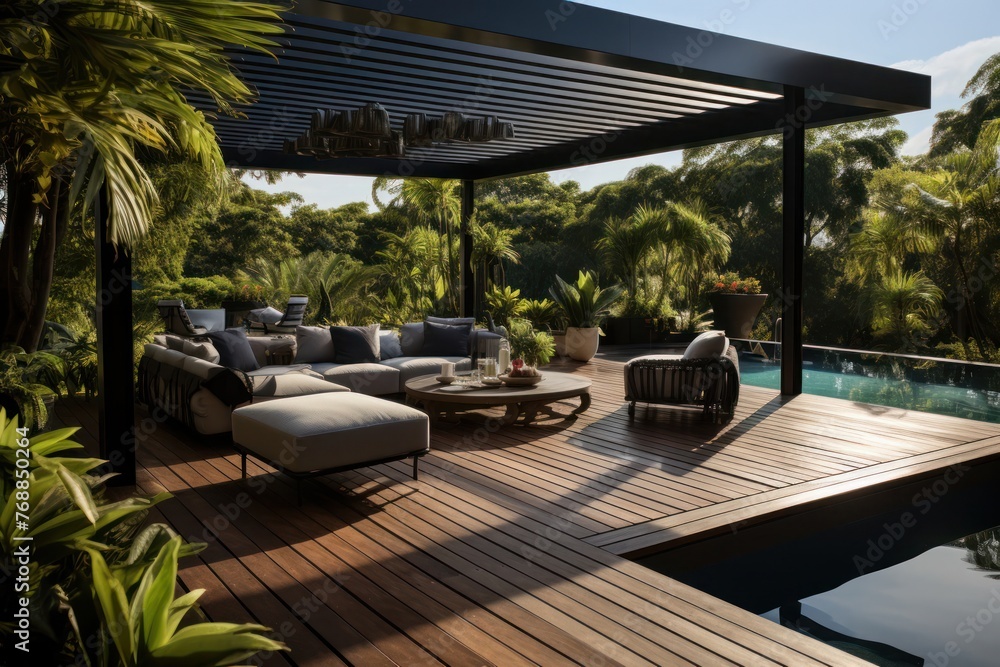 Poster Modern Patio Setting With Couch and Table by Pool Generative AI