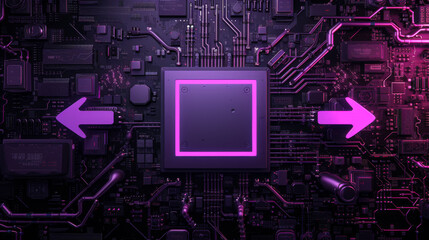 A computer chip with two arrows pointing to it. The image is purple and has a futuristic feel to it