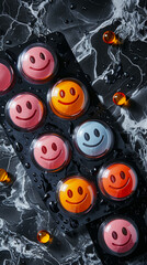 A box of colorful smiley faces is on a marble countertop. The faces are in different colors and sizes, and they are all smiling. Concept of happiness and positivity, as the colorful