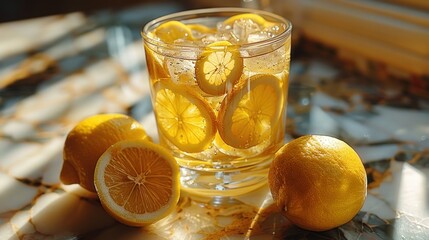 lemonade poured in a glass with lemon slices - obrazy, fototapety, plakaty