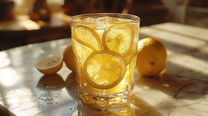 lemonade poured in a glass with lemon slices - obrazy, fototapety, plakaty
