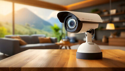 Close-up of a CCTV modern security camera above a wooden table in a living room, using for recording and monitoring the criminals scene. Generative Ai.
 - obrazy, fototapety, plakaty