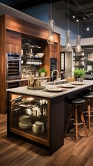 Modern kitchen island with dark wood cabinets and white marble countertops