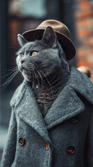 A cat wearing a hat and a coat is standing in front of a brick wall. The cat has a black and white fur and a black and white hat