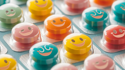 A row of colorful pills with smiling faces on them. The pills are in different colors and sizes, and they all have the same happy expression. Concept of positivity and cheerfulness