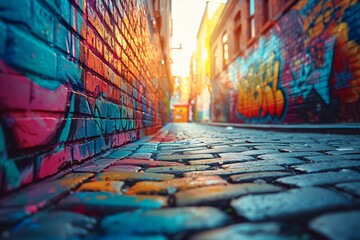 Low angle view of a graffiti-covered alleyway