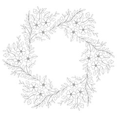 Monochrome frame with flowers and leaves. Delicate spring bouquet mandala. Floral circular ornament coloring page. Plant garland. Summer flowers wreath. Place for your text. Printable home decor.