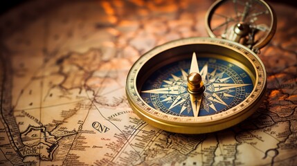 A golden compass sits on top of an old world map.