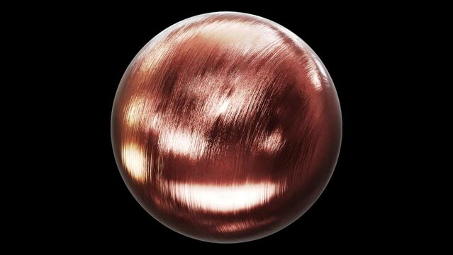Realistic looping 3D animation of the spinning brushed copper sphere rendered in UHD with alpha matte
