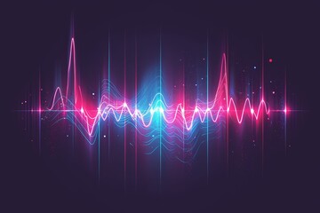 A vibrant sound wave pattern with multicolored waves, set against a dark background.  - obrazy, fototapety, plakaty