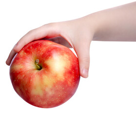 Apple in child hand on white background isolation