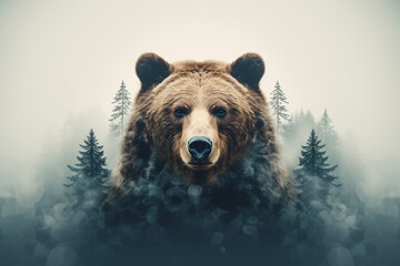 	
Minimal style double exposure with a bear and misty mountains	
