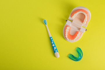 Children's toothbrush with soft bristles on a yellow background next to a mock-up of a dental jaw....