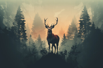 Generative AI of Double exposure of a deer with big antlers and forest.	
