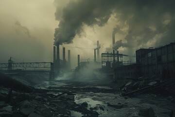 dystopian climate change landscape, smoke, industrial background, power plant - obrazy, fototapety, plakaty