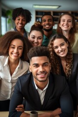 A group of seven people of different ethnicities smiling and posing for a photo