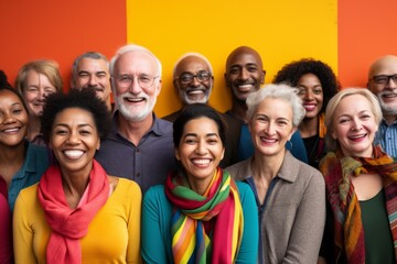 A group of diverse people of different ages smiling happily at the camera