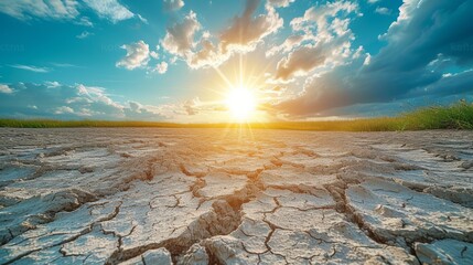 cracked earth during a drought with a bright sun in the background - obrazy, fototapety, plakaty