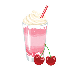 Cherry milkshake. Vector cartoon illustration of berry cocktail with whipped cream in glass cup. Summer drink flat icon.