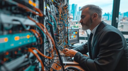 Middle-aged male network engineer works on a laptop in a server room full of network cables and blinking lights