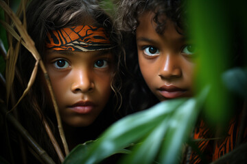Generative Ai of indigenous children in the rainforest.