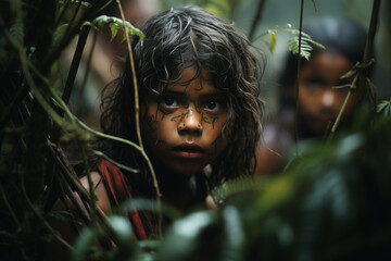 Generative Ai of indigenous children in the rainforest.