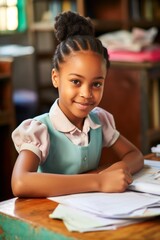 Portrait of a young African girl sitting at a desk and smiling