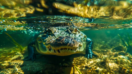 Underwater view of alligator peering above surface - obrazy, fototapety, plakaty