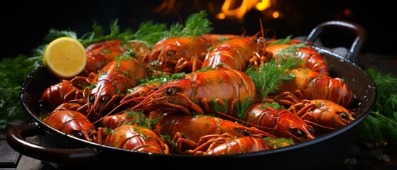 A plate of boiled crawfish with lemon and herbs