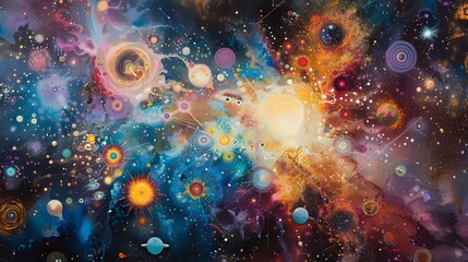 The artistic depiction of the psychedelic cosmos amazes with a multitude of flashing stars and galaxies, each of them embodies amazing shapes and bright color shades. - obrazy, fototapety, plakaty