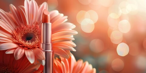 a tube of peach-colored lipstick among delicate peach flowers, lip gloss, spa and cosmetology concept, skin care, bright makeup, bokeh effect, horizontal banner, copy space