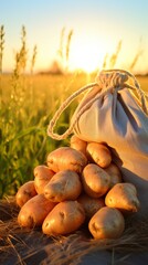 A burlap sack full of potatoes sits in a field at sunset.