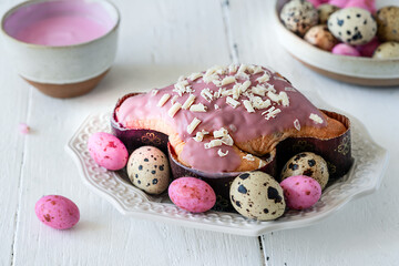 Festive Easter Cake with Pink Icing and Quail Eggs