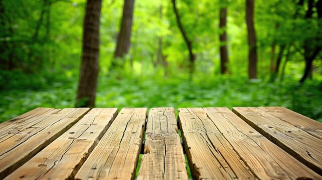 Wooden deck platform with a blurred green forest background