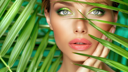 Fototapeta premium Close-up of a woman with striking green eyes peeking through tropical leaves