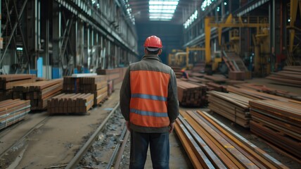 Worker overlooking steel materials in an industrial warehouse